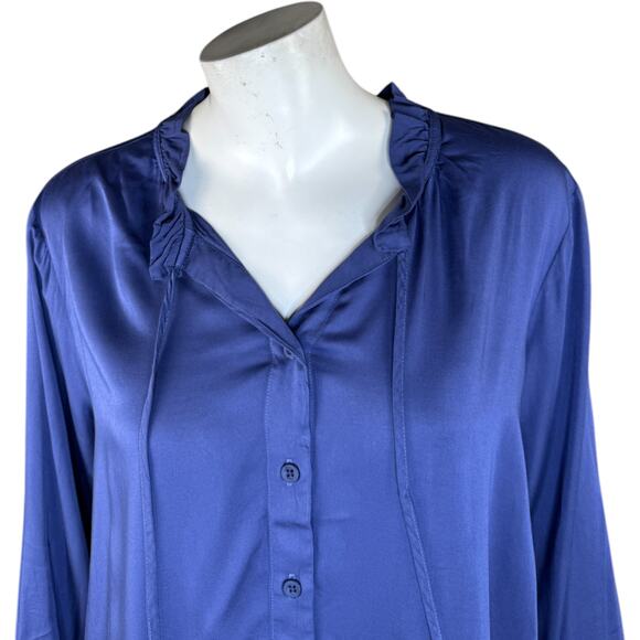 Side Stitch Button Down Top with Ruffle Neck Saphhire Stone Medium NWOT - Picture 2 of 14